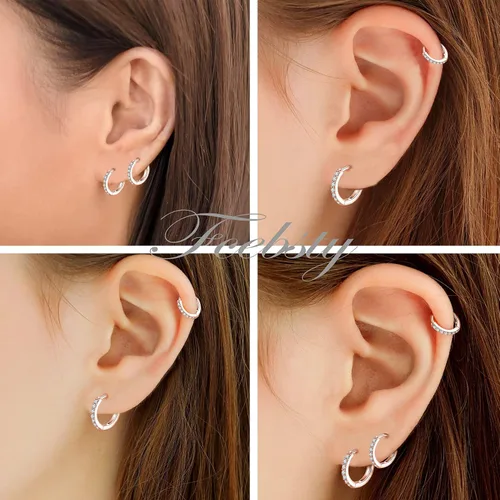Miniatura 4 de 3 pares de aretes de aro pequeños de plata de ley con circonita cúbica Aretes de aro pequeños para cartílago para mujer