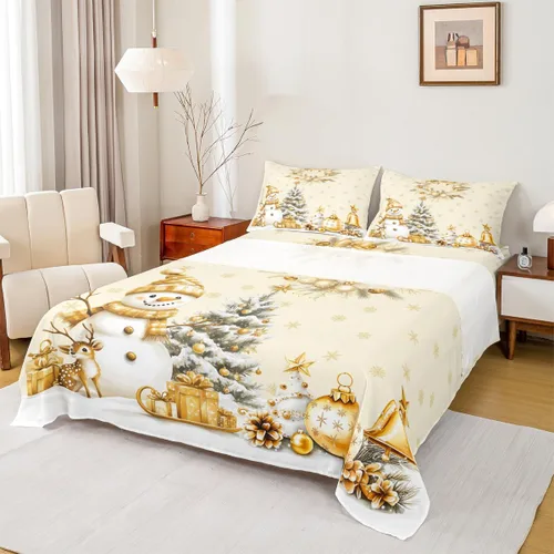 Erosebridal Juego de ropa de cama individual con diseño de árbol de Navidad, muñeco de nieve, decoración de corona de Navidad, sábana bajera