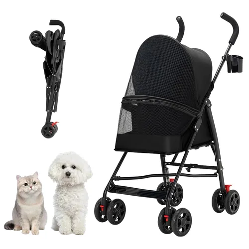 Cochecito para mascotas con ventilación de malla, diseño plegable ligero, portavasos, negro
