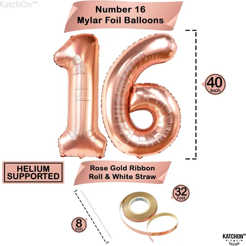 Miniatura 3 de KatchOn, Globo de oro rosa con el número 16 de 40 pulgadas Globo de aluminio para decoraciones de cumpleaños de 16 años para niñas Globo de oro