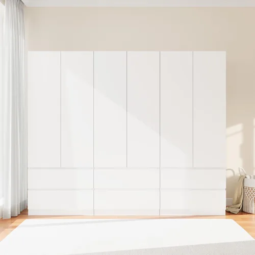 Miniatura 9 de Armario de madera con 2 puertas, armario de dormitorio de 79 pulgadas con 2 cajones, armario para ropa con barra para colgar y estantes, armarios