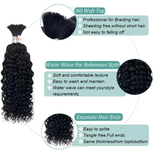 Miniatura 2 de Cabello humano trenzado para trenzas bohemias, cabello humano trenzado, sin trama, húmedo y ondulado, extensiones de cabello humano trenzado