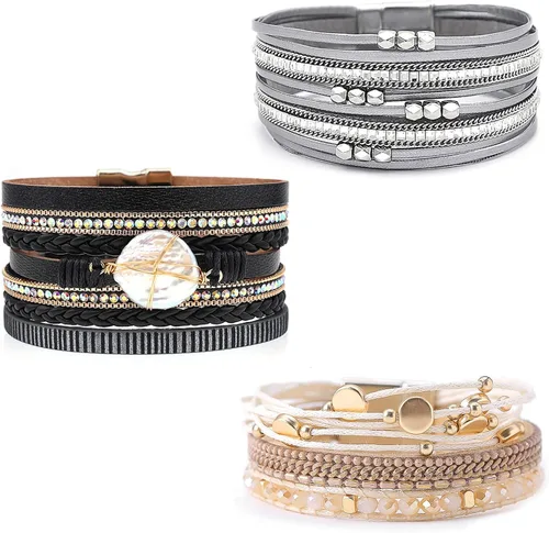Miniatura 8 de Wowanoo - Juego de 3 pulseras de cuero de varias capas con cierre magnético para mujer, con cristales, ramas de árbol pulseras para mujer.