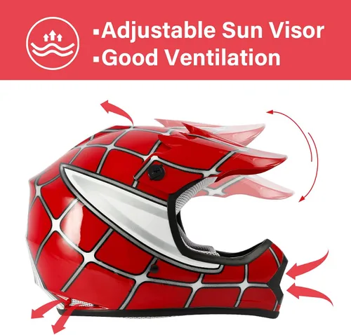 Miniatura 2 de XFMT - Juego de casco DOT con gafas y guantes para motocross, cuatrimoto y vehículos todoterreno para niños y jóvenes, diseño de araña roja, talla L