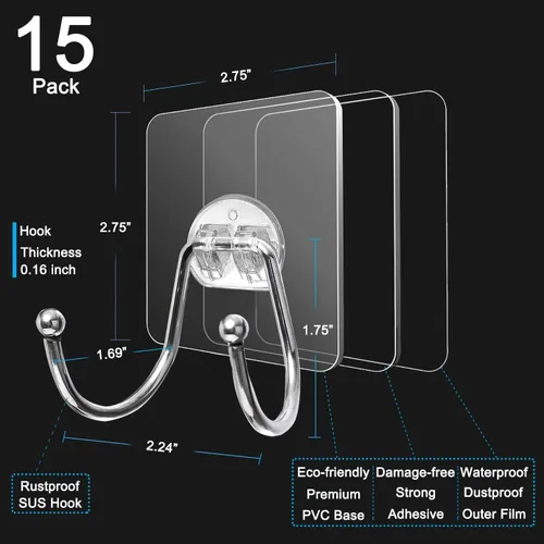 Miniatura 6 de Paquete de 15 ganchos grandes de pared adhesivos dobles, sin daños, impermeables, de 33 libras máximo, resistentes, para colgar, transparentes, sin