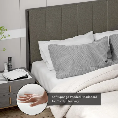 Miniatura 4 de Giantex Base de cama tapizada, soporte de listones de madera, base de colchón Queen con cabecera copetuda, cama de plataforma con patas de madera