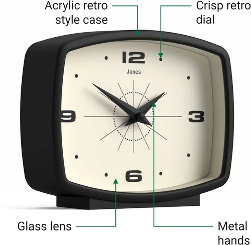 Miniatura 6 de JONES CLOCKS® Reloj de Escritorio Film Diseño Rectangular Retro Negro Diseño Retro, Combinando Estilo de Mediados de Siglo con un Acabado