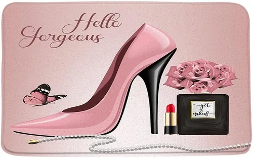 Tapete de baño de tacón alto, color rosa, con lápiz labial, perfume, flor, Hello Gorgeous Fashion Maquillaje, lindo, para niñas y mujeres, tapete de