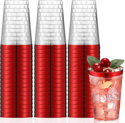 Norme 50 vasos de plástico de 12 onzas desechables para fiesta con borde, vasos transparentes de plástico para vino, café, cumpleaños, boda, Rojo
