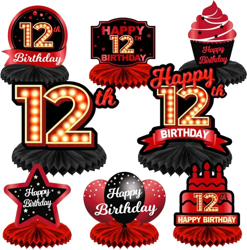 Miniatura 34 de Feliz Cumpleaños 15 Centros de Mesa de Panal Rojo y Negro Globos Decoración Temática de Mesa Decoraciones de Mesa Adornos de Mesa para Niñas Mujeres