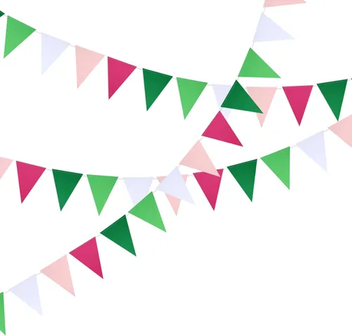 Miniatura 4 de Mefuny Banderines en blanco de 30 pies, 45 unidades, color verde, rosa, blanco, banderines de banderines triangulares, guirnaldas de banderines