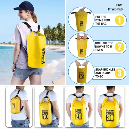 Miniatura 3 de Dry Bag Mochila impermeable 5L/10L/20L/30L Roll Top Bolsa impermeable, bolsas secas flotantes para kayak, natación, barco, campamento, playa.