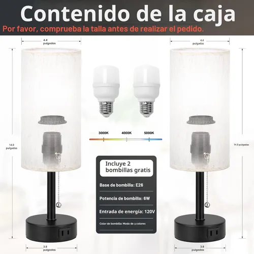 Miniatura 4 de Fenmzee - Juego de 2 lámparas de mesa de noche con 3 temperaturas de color, lámpara de cadena con puerto de carga de CA, redonda, para dormitorio