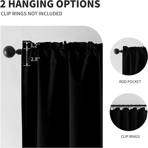 Miniatura 2 de CUCRAF Cortinas opacas de terciopelo negro de 63 pulgadas de largo, con aislamiento térmico, reducción de ruido, bolsillo para barra, cortinas
