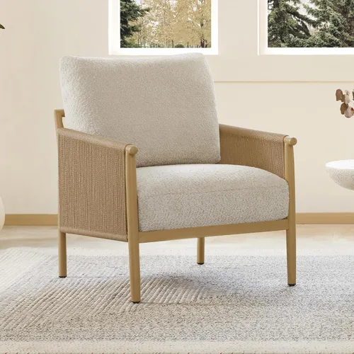 Miniatura 11 de CHITA Sillas decorativas trenzadas, sillón moderno con marco de metal con acabado similar a la madera para sala de estar y dormitorio, silla