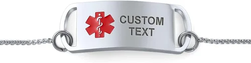 Miniatura 2 de Pulsera personalizable con estilo de nombre y alerta médica, con cadena de eslabones para mujeres, adolescentes, acero inoxidable en tono plateado
