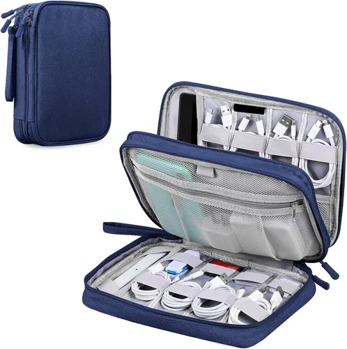 Miniatura 11 de Organizador de viaje electrónico para cables, cables, cargadores, Tech Essentials, doble capa (azul aguamarina, PU-L)