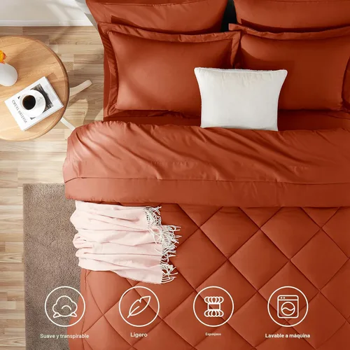 Miniatura 2 de CozyLux Juego de edredón tamaño King, color naranja quemado, toda la ropa de cama en una sola bolsa, 7 piezas: edredón, fundas de almohada