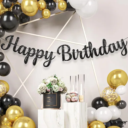 Miniatura 8 de KatchOn Cartel de feliz cumpleaños cursivo negro con purpurina, pre-encordado, 10 pies, cartel de feliz cumpleaños para mujeres, hombres, niños