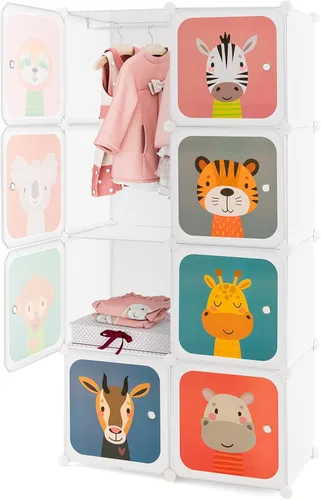 Miniatura 11 de HONEY JOY Armario para niños, organizador de almacenamiento de ropa de dibujos animados para bebés, 8 cubos y 2 secciones para colgar, armario Azul