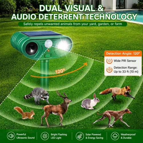 Miniatura 2 de Repelente solar ultrasónico de animales para exteriores, dispositivo disuasorio de gatos y repelente de ciervos, disuasorio de control de conejo