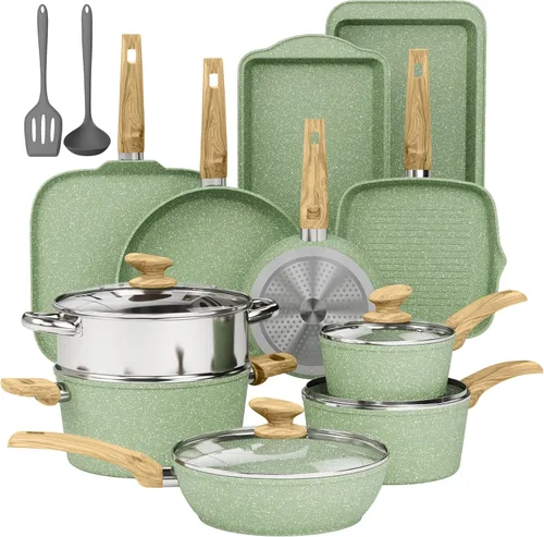 Juego de 17 piezas de ollas y sartenes antiadherentes, juegos de utensilios de cocina de granito antiadherentes de inducción para la cocina, Verde