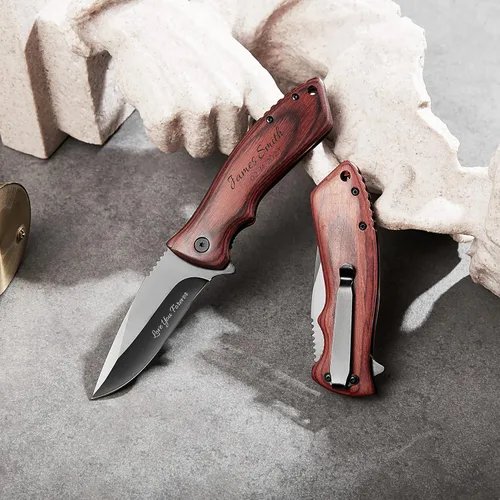 Miniatura 2 de Cuchillo plegable de bolsillo personalizado grabado con caja de madera para novio, marido, papá, hijo, cuchillo de caza de pesca único para hombres