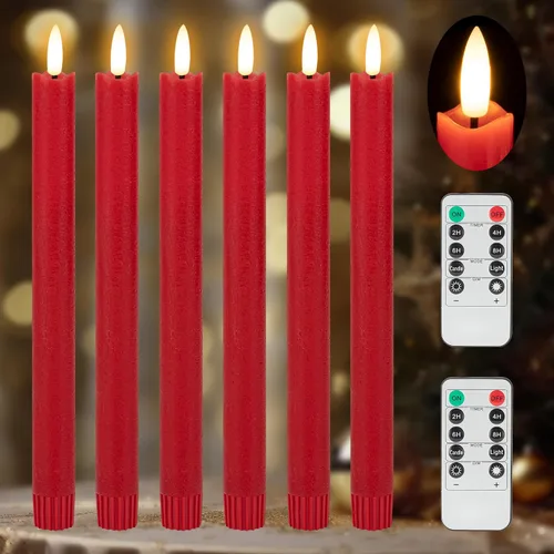 JOIONE Velas cónicas sin llama con control remoto y temporizador, 9.6" cera real roja parpadeante operadas con batería, luz cálida, velas LED