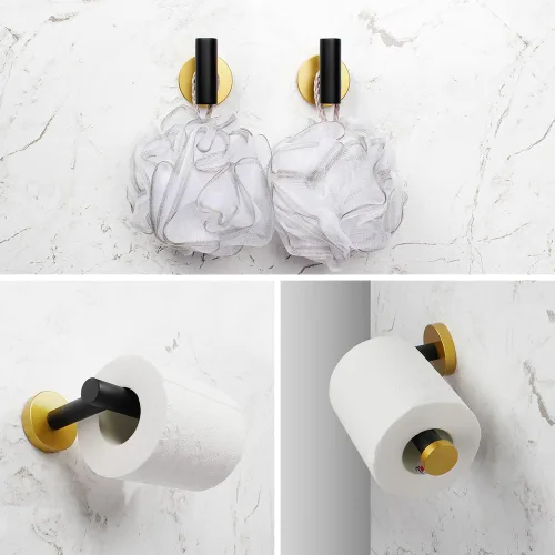 Miniatura 3 de Juego de accesorios de baño de 3 piezas, color negro y dorado, para montar en la pared, incluye soporte para papel higiénico, 2 ganchos para toallas