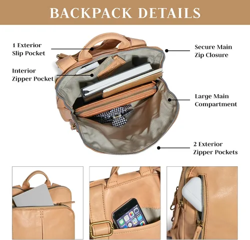 Miniatura 3 de American Leather Co. Cleveland - Mochila mediana para mujer, color beige, 100% piel auténtica, elegante mochila de tamaño mediano con detalles
