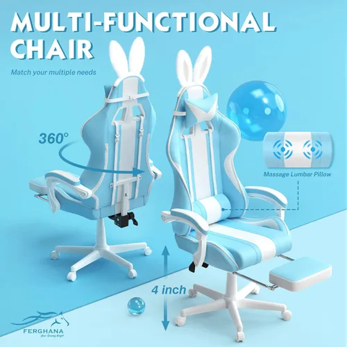 Miniatura 6 de Ferghana - Silla de juego Kawaii en azul claro con orejas de conejo, silla Gamer ergonómica y linda con reposapiés y masaje, silla de juego