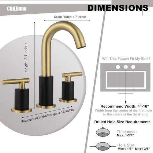 Miniatura 2 de ChiLDano Grifo de baño negro y dorado de 3 agujeros con desagüe emergente (con desbordamiento) y manguera de suministro, grifo de lavabo de baño