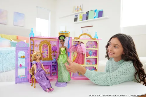 Miniatura 2 de Paquete de Mattel Disney Princess Closet Playset con 2 moda, 25 accesorios, tocador, vestidor, pasarela y almacenamiento, se abre a 2 pies + muñeca