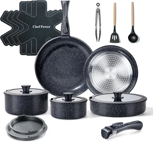 Chef Power - Juego de ollas y sartenes antiadherentes de cerámica de 19 piezas con mango desmontable, juego de ollas y sartenes apto para inducción,