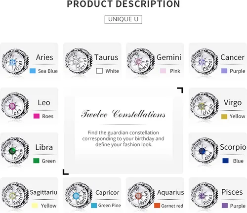 Miniatura 3 de Dijes de piedra natal para pulsera Pandora de plata de ley 925, astrología, constelación, horóscopo para mujer, regalo de cumpleaños