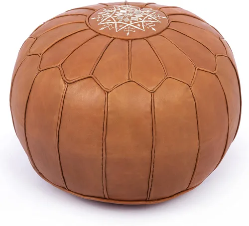 Marrakesh Gallery Puf Redondo de Cuero Genuino Sin Relleno - Otomana Marroquí Taburete Reposapiés, Funda de Reposapiés - Decoración Boho - Sala de