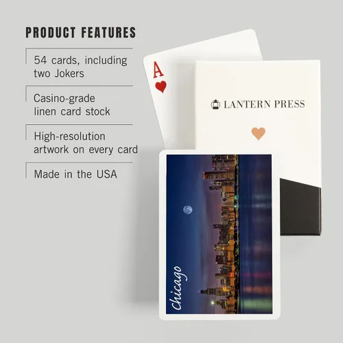 Miniatura 3 de Lantern Press Chicago, Illinois, Skyline por la noche (52 cartas de juego, baraja de cartas de tamaño póquer con comodines)
