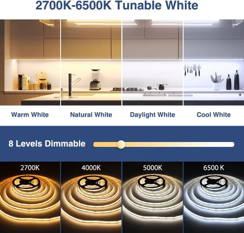 Miniatura 2 de COB - Tira de luz LED blanca regulable de 16.4 pies, 24 V, 2700 K-6500 K, cinta de tira de luz COB con control remoto RF 3200 LED CRI93+