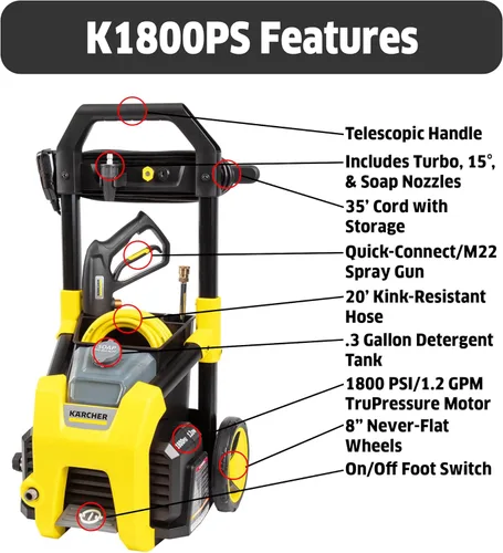 Miniatura 3 de Karcher K1800PS 1800 PSI 1.2 GPM TruPressure Lavadora a presión eléctrica y limpiador de superficie universal de 15 pulgadas