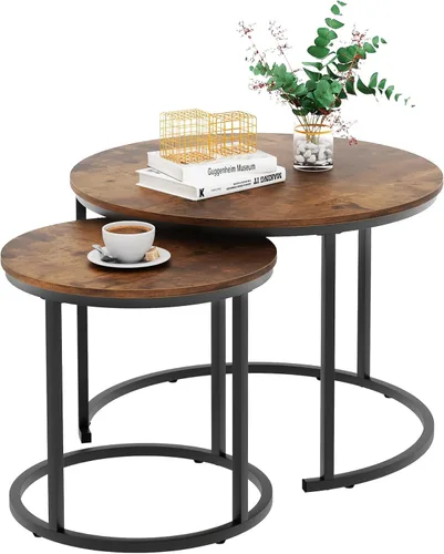Miniatura 9 de aboxoo - Mesa de centro apilable redonda, juego de 2 mesas laterales con marco de metal resistente para sala de estar, dormitorio, apartamento