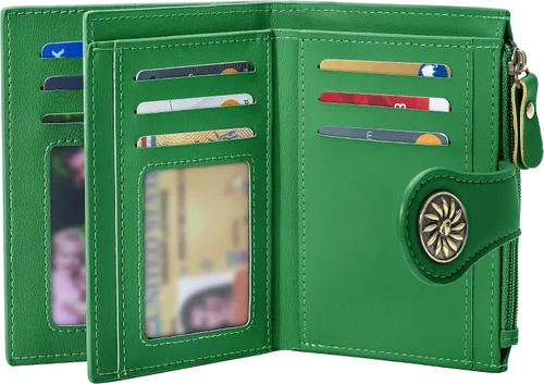 Tipmile Billeteras pequeñas de cuero para mujer, con 2 ventanas de identificación, con bloqueo RFID, tarjetero con cremallera y bolsillo para Verde