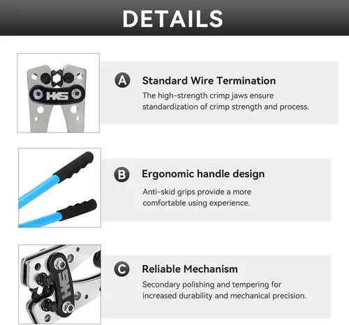 Miniatura 5 de HKS Herramienta de prensado de terminales de cable de batería 10-1 AWG - Engarzadora de cable resistente para terminales de anillo Terminales