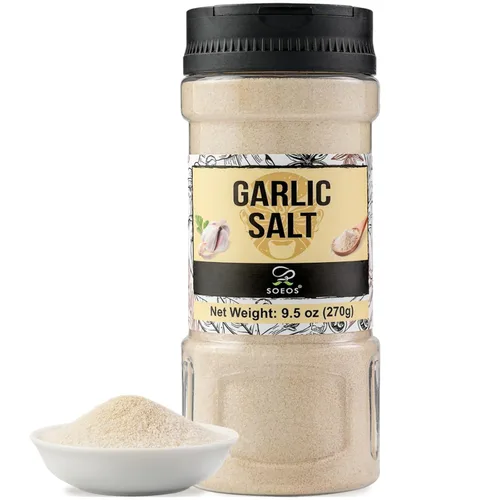 Sal de Ajo Soeos 9.5 Onzas (270g), Condimento de Sal de Ajo, Sin GMO, Sin Gluten, Ideal para Añadir Sabor a Sopas, Panes, Vegetales, Carnes y Más