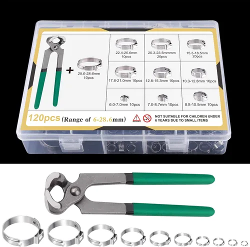 Miniatura 7 de MIAHART 120 abrazaderas de manguera de oreja de acero inoxidable con pinza de oreja de 10 tamaños 304 abrazaderas de crimpado continuas