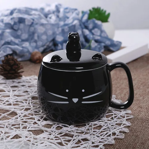 Miniatura 2 de Koolkatkoo Taza de café con diseño de gato de 16 onzas con tapa para teléfono celular, para amantes de los gatos, tazas negras de cerámica únicas