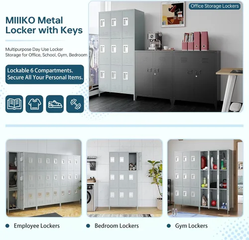 Miniatura 4 de MIIIKO Taquillas metálicas de 3 niveles de 3 anchos, 72 x 36 x 16 pulgadas con 9 compartimentos, armario grande para empleados con estantes, puertas