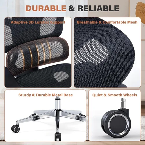 Miniatura 9 de Silla de oficina ergonómica con reposapiés, silla de escritorio de malla resistente de 400 libras, reposabrazos 5D, lumbar 3D, respaldo de 5