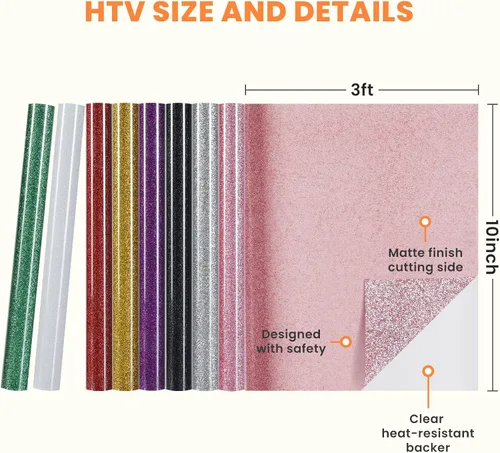 Miniatura 7 de HTVRONT Paquete de 8 vinilos HTV con purpurina, paquete de 8 vinilos de transferencia de calor con purpurina de 10 pulgadas x 3 pies para camisetas