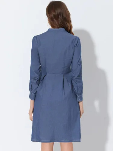 Miniatura 4 de Allegra K Vestido de cambray de manga larga plisado con cuello en V para mujer, M