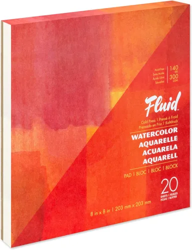 Fluid Artist - Bloc de acuarela para acuarela, 140 libras (300 GSM) para pintura de acuarela y medios húmedos, plegable, 8 x 8 pulgadas, 20 hojas